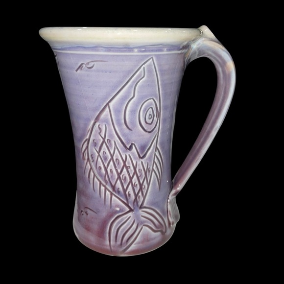 Handmade Purple Pottery Mug with Fish Carving Unique – Signed – 6” Tall 20oz - Picture 4 of 12